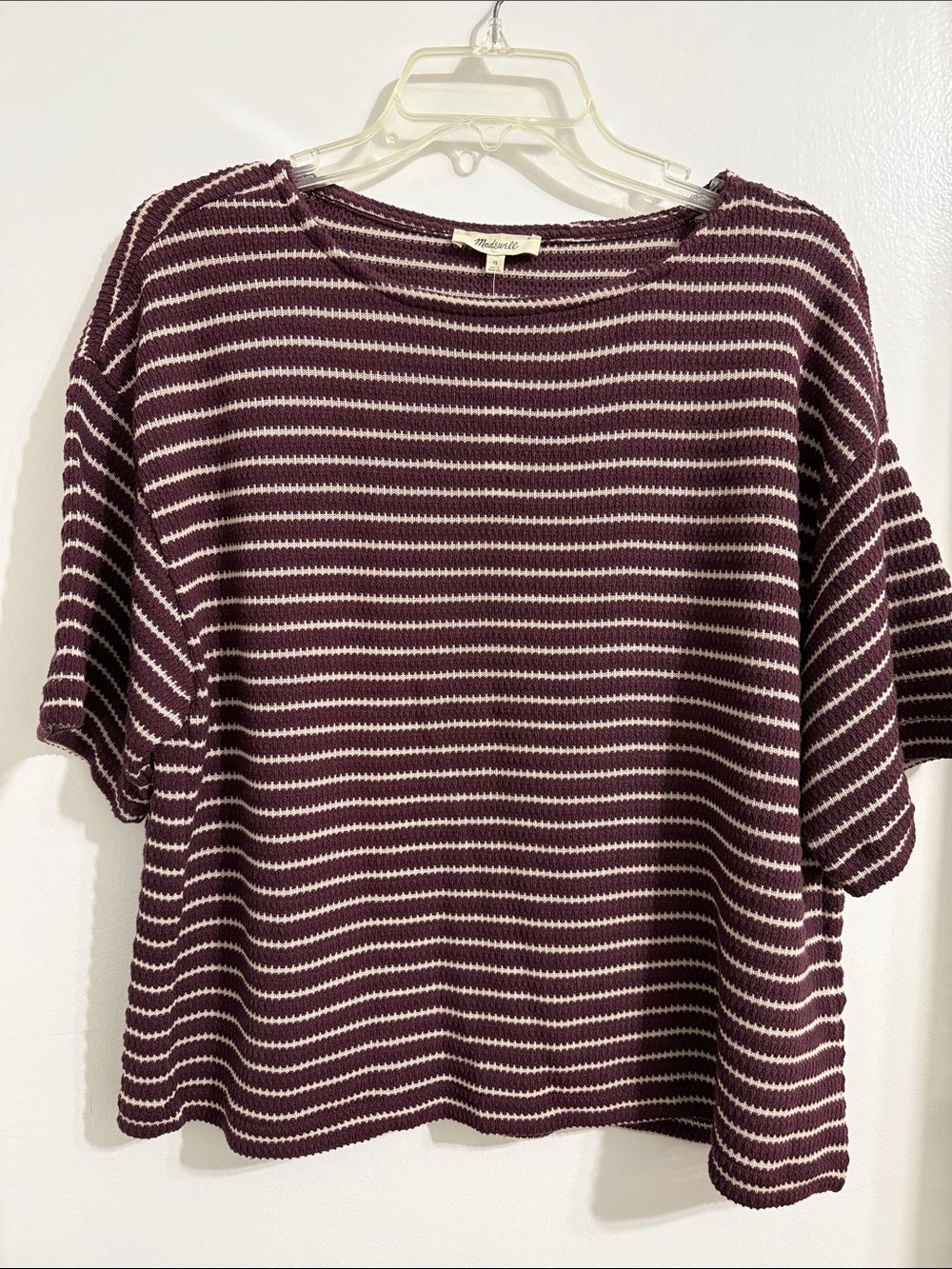 Madewell Burgundy & Cream Striped Short Sleeve Knit Top